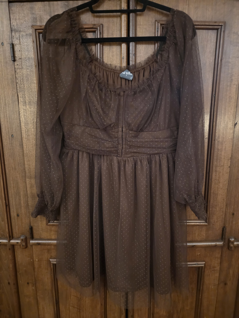 ARULA Brown Sheer Polka Dot Long Sleeve Midi Dress